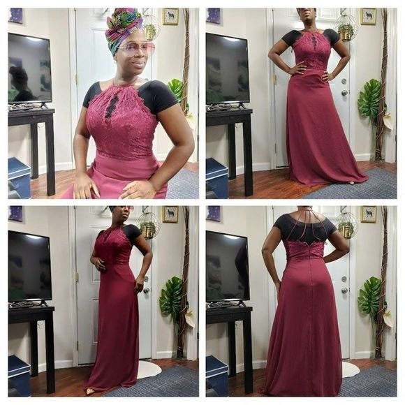 Hayley Paige "5857 - Burgundy" Lace Chiffon Burgundy Dress  12 - Picture 9 of 15